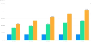 Bar chart showing sales forecasts for five years in ZAR. Revenue increases each year with color-coded bars for different categories.