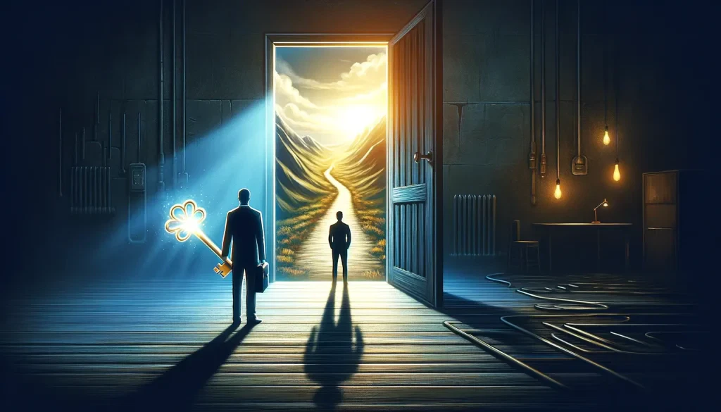 Two silhouetted figures stand before an open door, one holding a large key, leading to a bright, winding path through mountains.