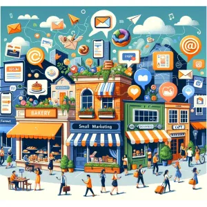 Colorful street of small businesses with bakery, cafe, and marketing shop, surrounded by vibrant social media icons and people.