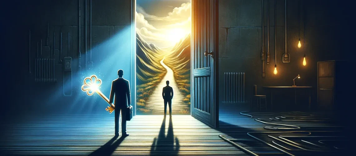 Two silhouetted figures stand before an open door, one holding a large key, leading to a bright, winding path through mountains.