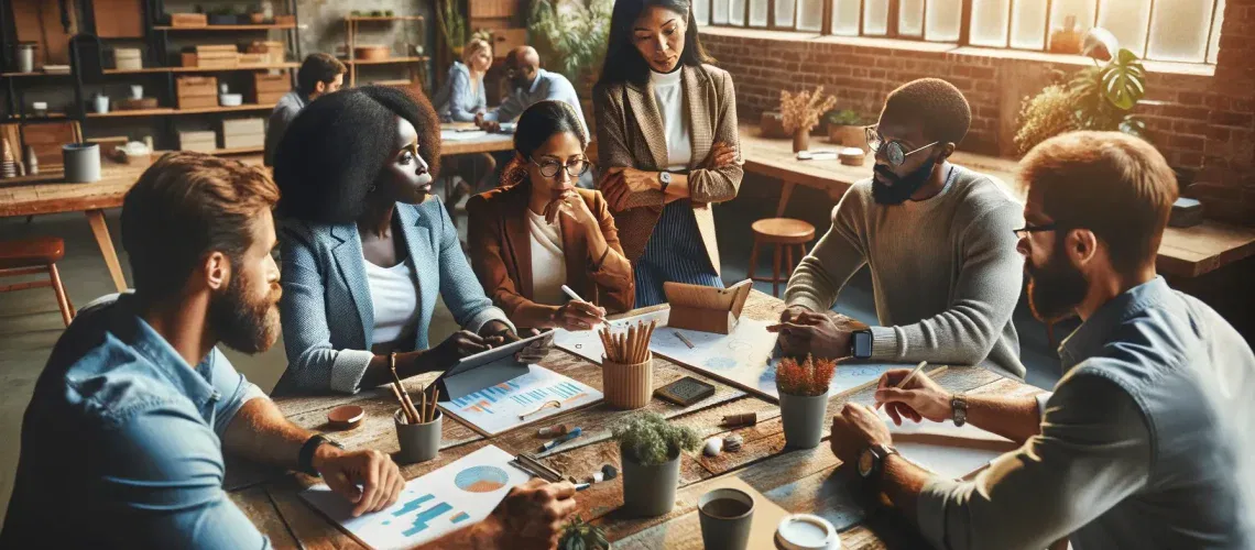 Team gathered for business development coaching session, discussing charts and strategies in a modern, sunlit office.