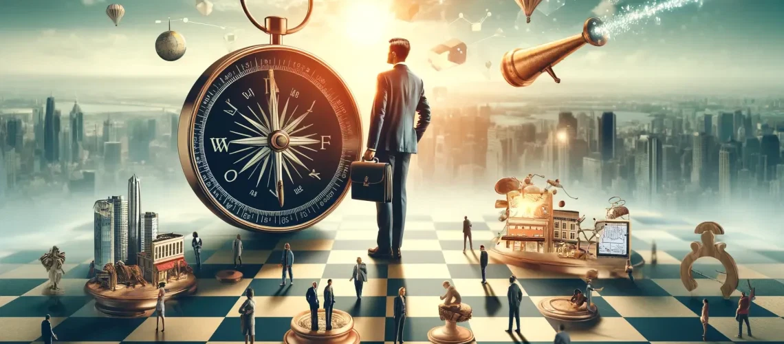 A business coach as a strategist for small businesses, navigating a chessboard with a compass, skyscrapers, and symbolic pieces.