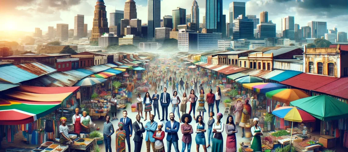 A vibrant cityscape in South Africa with a mix of traditional markets and modern skyscrapers, symbolizing the dynamic economic landscape.