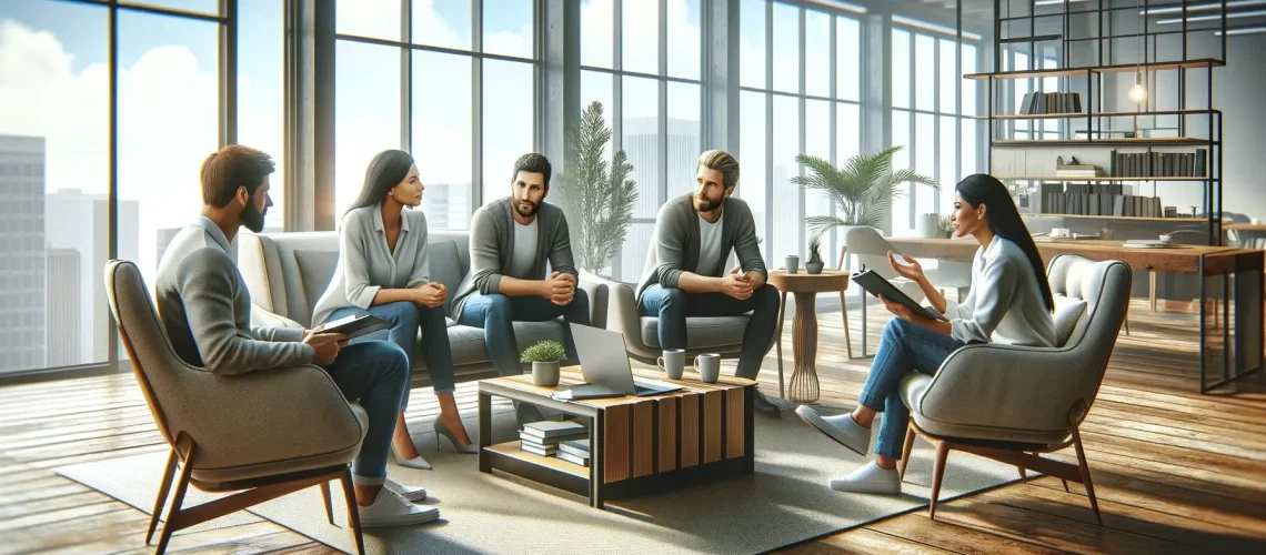 A group of five people having a discussion in a modern, sunlit office lounge with large windows and wooden floors.