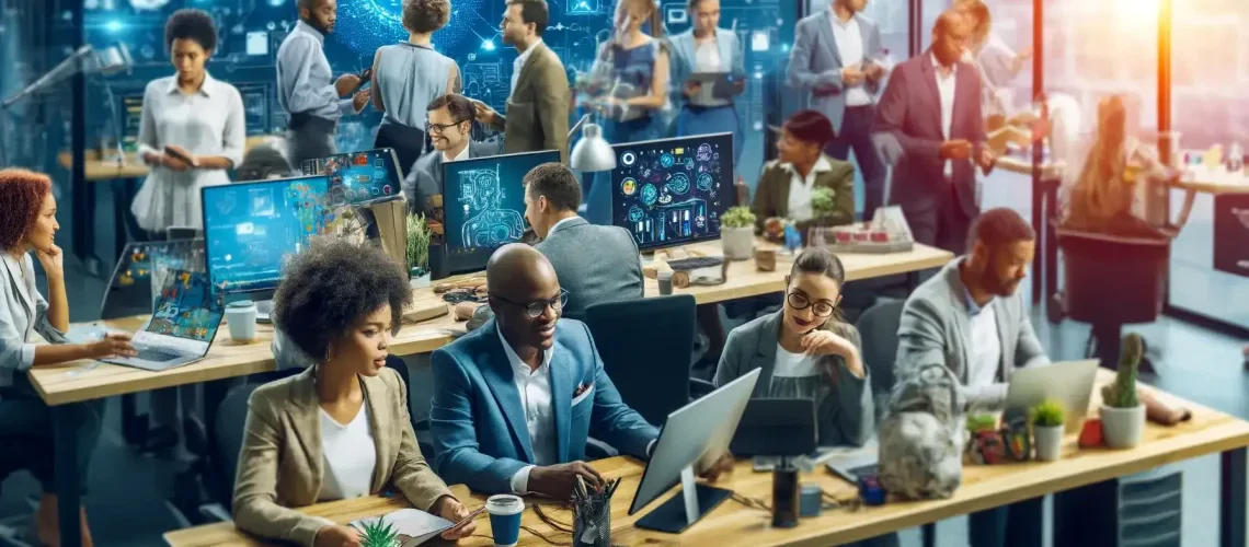 a vibrant and modern office setting with diverse South African small business owners using AI technologies.