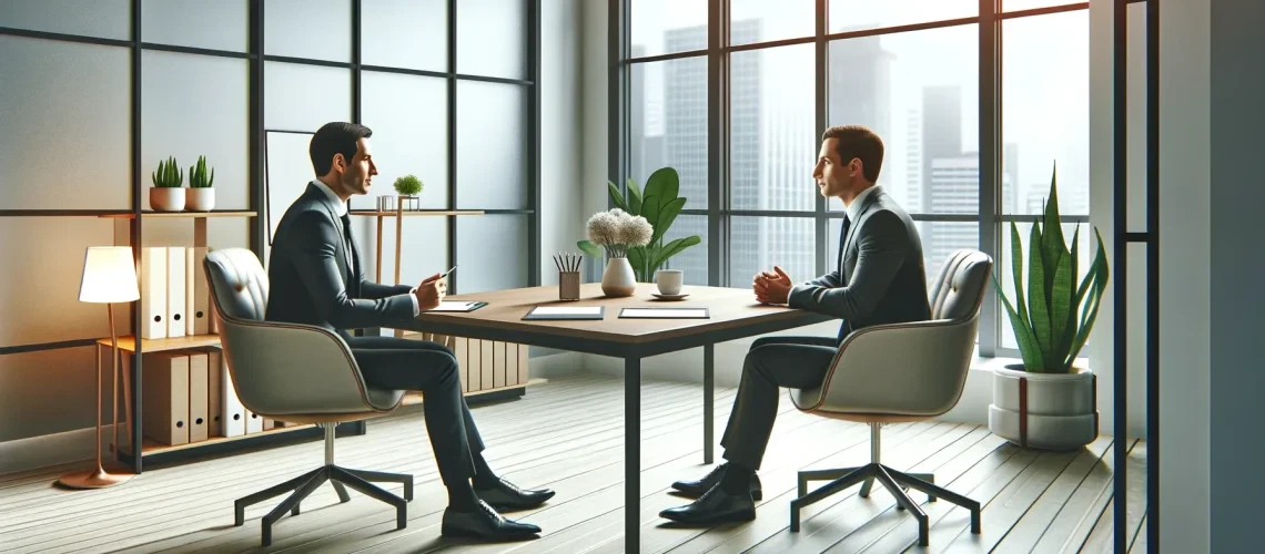 a business coach and a business owner sitting across from each other at a modern, sleek table in a bright, professional office