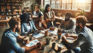 Team gathered for business development coaching session, discussing charts and strategies in a modern, sunlit office.