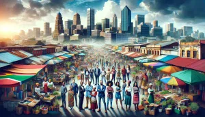 A vibrant cityscape in South Africa with a mix of traditional markets and modern skyscrapers, symbolizing the dynamic economic landscape.