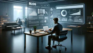 Person writing a blog on a laptop, surrounded by digital screens displaying analytics and graphs related to content marketing.