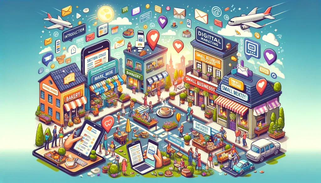 Colorful illustration of a bustling small business district with people, shops, digital marketing elements, and mobile devices.