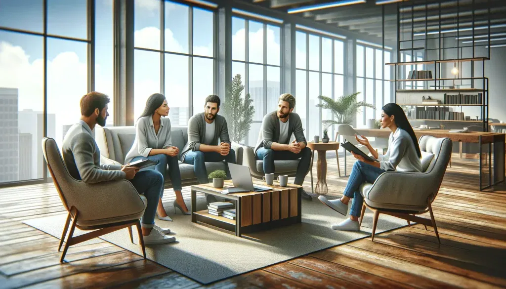 A group of five people having a discussion in a modern, sunlit office lounge with large windows and wooden floors.
