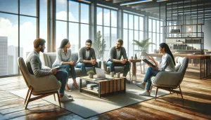 A group of five people having a discussion in a modern, sunlit office lounge with large windows and wooden floors.