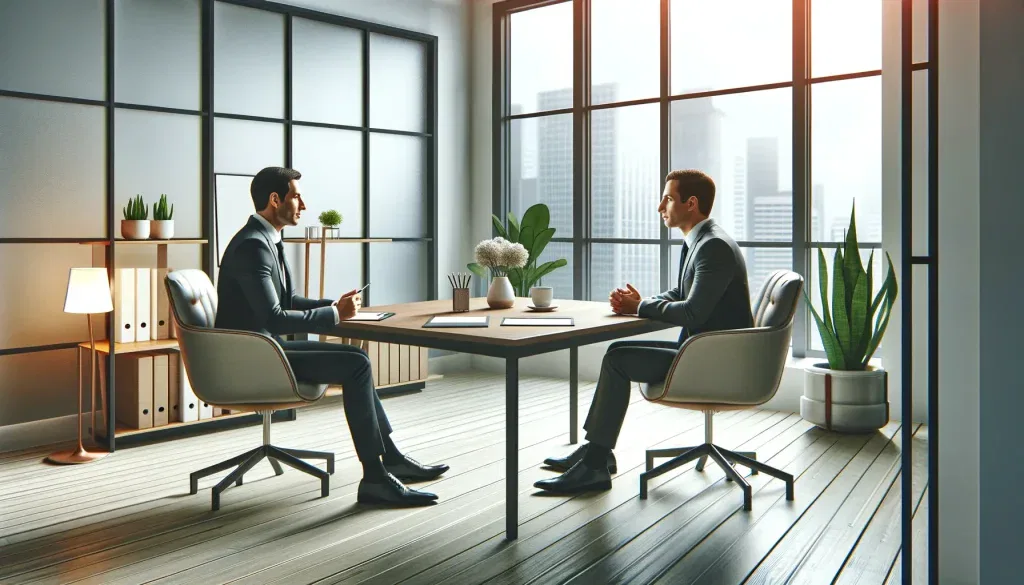 a business coach and a business owner sitting across from each other at a modern, sleek table in a bright, professional office