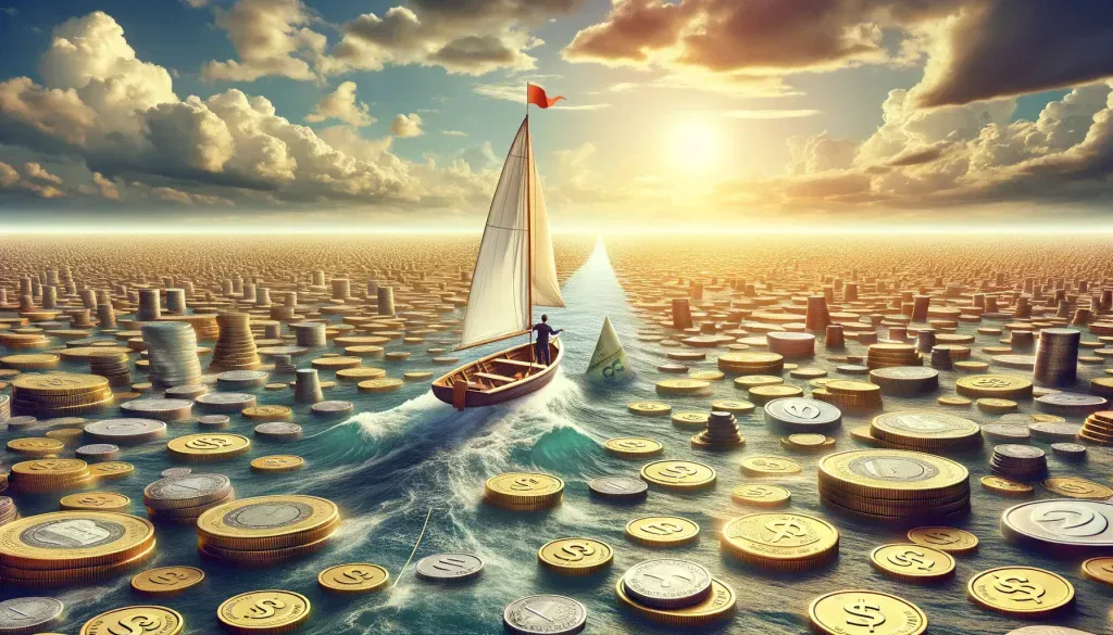 A person sails a boat on a sea of coins toward a bright sunset, symbolizing a journey towards wealth and prosperity.