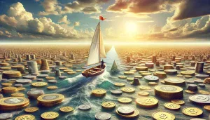 A person sails a boat on a sea of coins toward a bright sunset, symbolizing a journey towards wealth and prosperity.