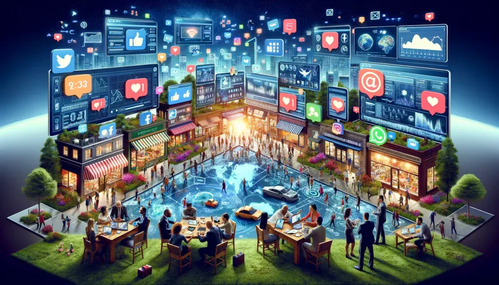People interacting in a digital town square with social media icons and analytics data displayed above them, representing global connectivity.