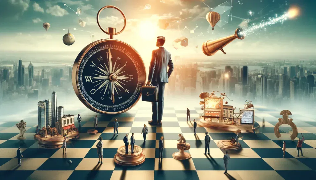 A business coach as a strategist for small businesses, navigating a chessboard with a compass, skyscrapers, and symbolic pieces.