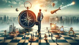 A business coach as a strategist for small businesses, navigating a chessboard with a compass, skyscrapers, and symbolic pieces.