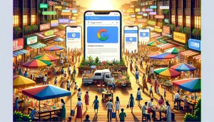 A bustling market with colorful stalls and people surrounding oversized smartphone screens displaying a search engine logo.