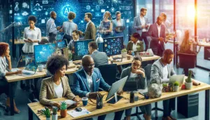 a vibrant and modern office setting with diverse South African small business owners using AI technologies.