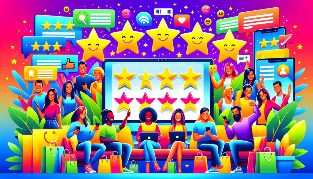 A vibrant scene showing a diverse group of people happily interacting with a computer screen and mobile devices displaying customer reviews and testimonials. The background includes elements like shopping bags, product images, and social media icons, reflecting an online shopping and social media environment. The image conveys a sense of satisfaction and trust.