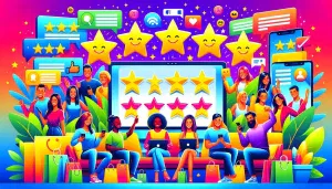 A vibrant scene showing a diverse group of people happily interacting with a computer screen and mobile devices displaying customer reviews and testimonials. The background includes elements like shopping bags, product images, and social media icons, reflecting an online shopping and social media environment. The image conveys a sense of satisfaction and trust.