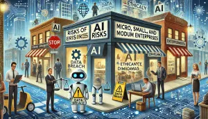 Illustration showing AI risks for small and medium enterprises, including data breaches and ethical dilemmas in a business setting.