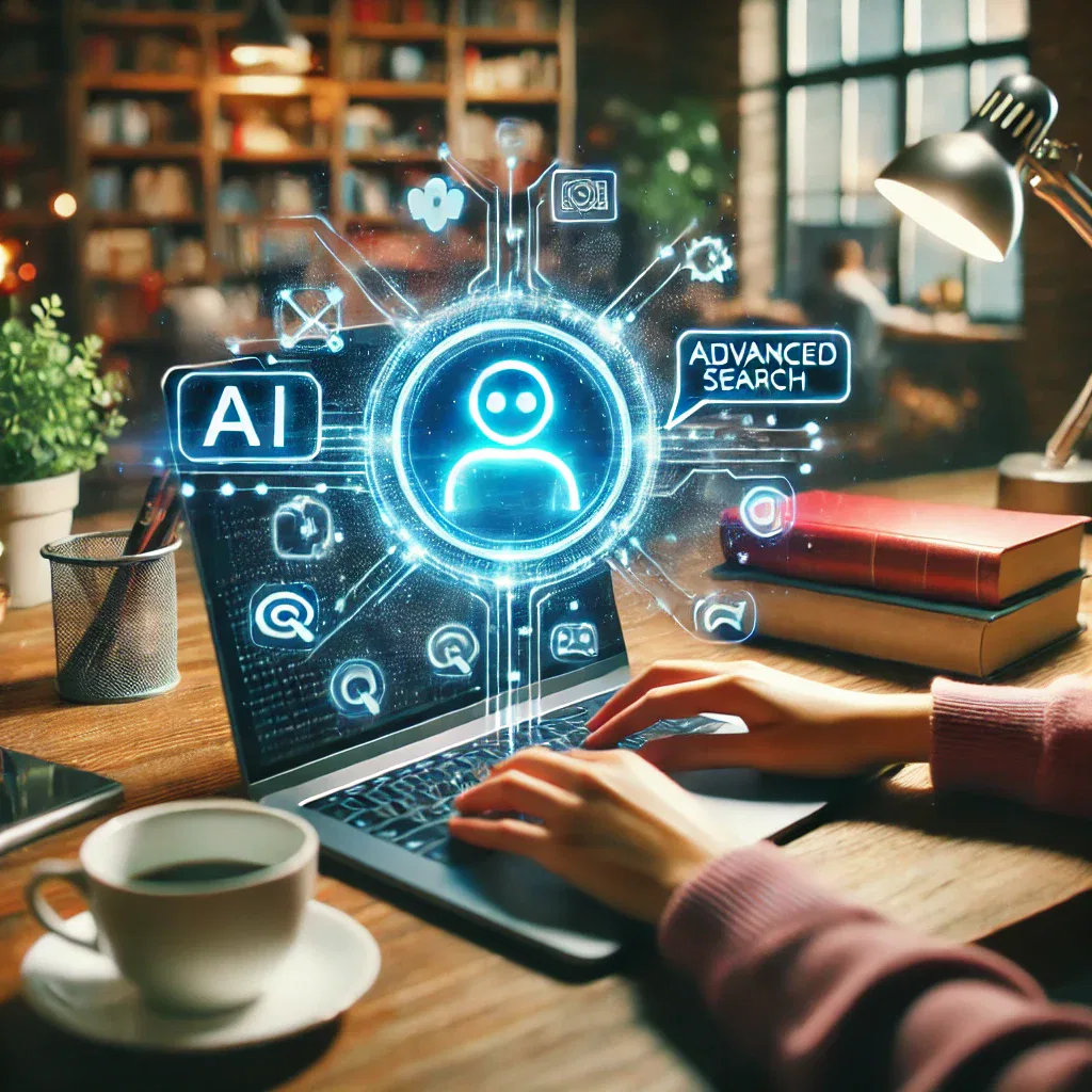 Person using a laptop with AI and advanced search holograms, in a cozy room with books and a coffee.