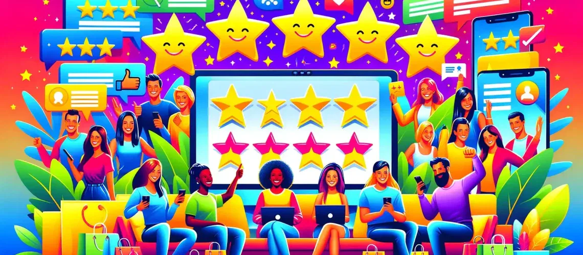 A vibrant scene showing a diverse group of people happily interacting with a computer screen and mobile devices displaying customer reviews and testimonials. The background includes elements like shopping bags, product images, and social media icons, reflecting an online shopping and social media environment. The image conveys a sense of satisfaction and trust.