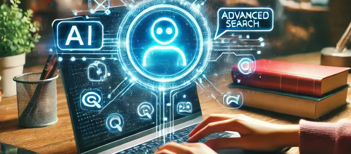 Person using a laptop with AI and advanced search holograms, in a cozy room with books and a coffee.