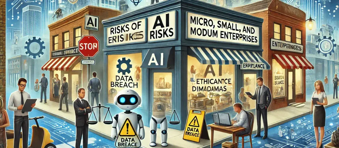 Illustration showing AI risks for small and medium enterprises, including data breaches and ethical dilemmas in a business setting.
