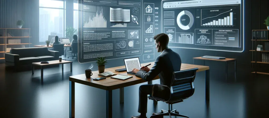 Content Marketing and Blogging Person writing a blog on a laptop, surrounded by digital screens displaying analytics and graphs related to content marketing.