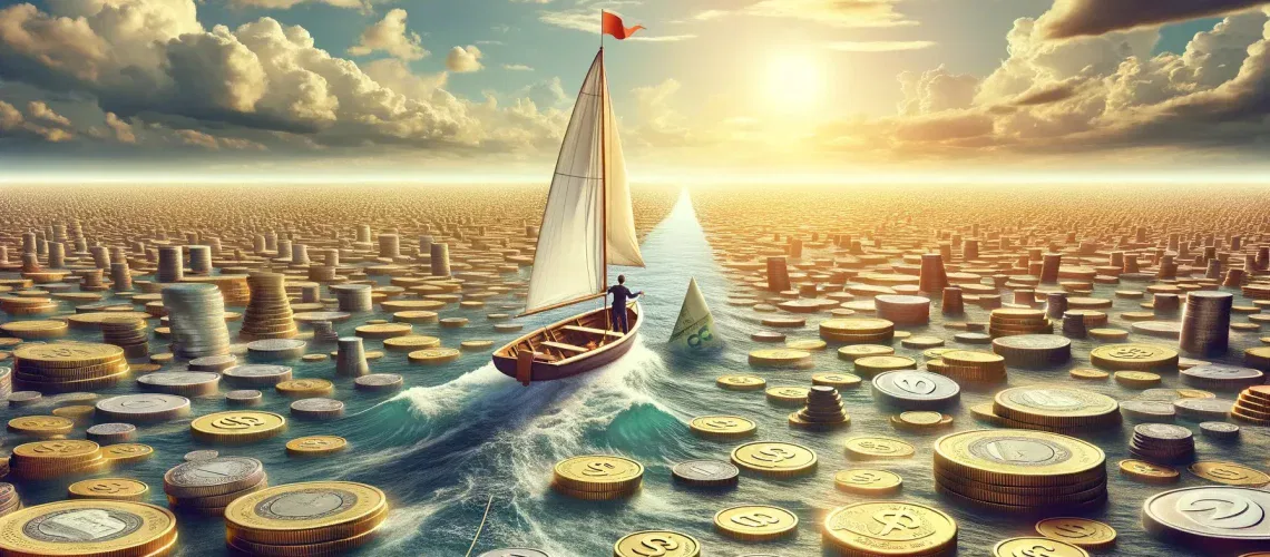 navigating ppc ads maximizing roi on a budget A person sails a boat on a sea of coins toward a bright sunset, symbolizing a journey towards wealth and prosperity.