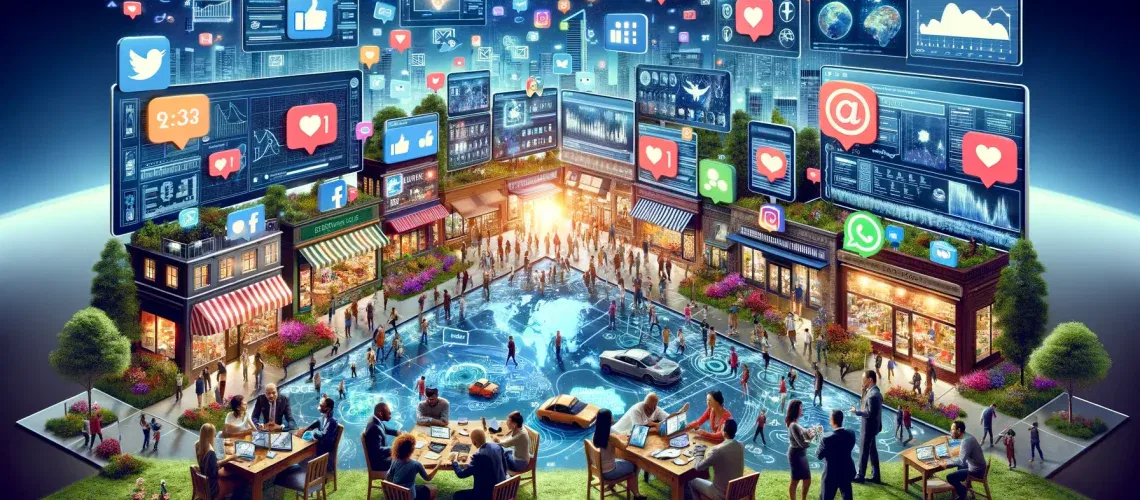 social media mastery for small businesses People interacting in a digital town square with social media icons and analytics data displayed above them, representing global connectivity.