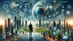 image that visually represents the future of business, incorporating elements such as digital transformation, sustainability, innovation